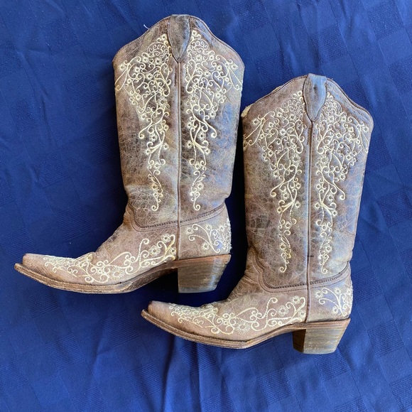 CORRAL BROWN CRATER WITH BONE EMBROIDERY COWGIRL BOOTS - SNIP TOE - Size 7 - Picture 7 of 7